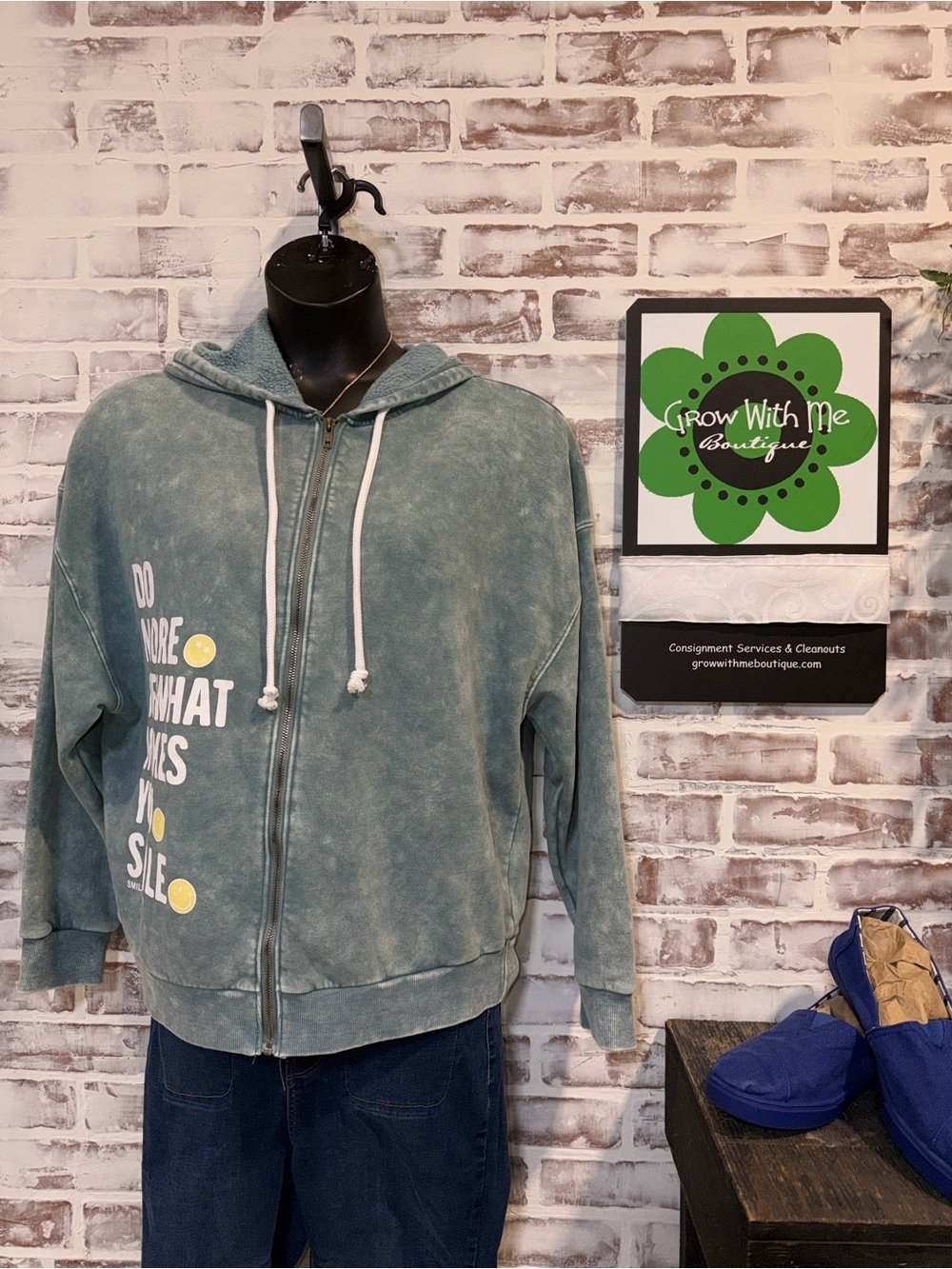 Smiley world Washed Teal Zip Hoodie with Positive Graphic